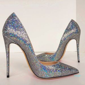 Hot SA2020 Zomer Mode Vrouwen Pumps Zilver Glitter Point Toe Bruid Trouwschoenen Hoge Hakken Echt leer Echte Foto 12cm 10cm Gloednieuw