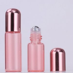 Hete verkoop 1-5 ml lege glazen parfumrol op flessen roze met roestvrijstalen rolbal en nieuwste dop Mkoms