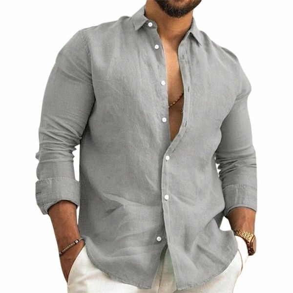 Venta caliente 100% Cott Linen NUEVOS Camisas con mangas LG para hombres Color sólido Cuello vuelto Casual Tallas grandes Ropa de primavera y otoño m6XU #