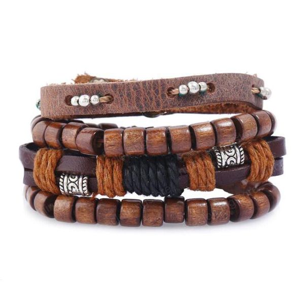 Offre spéciale 100% bracelet en cuir véritable bricolage plusieurs perles de bois corde de cire perles hommes combinaison costume Bracelet 4 styles/1 ensemble
