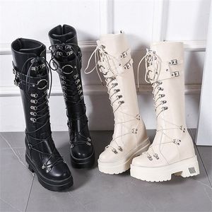 Hot Koop 10 cm Hak Motorfiets Zwart Knie Punk Cosplay Mode Goth Wedges Platform Hoge Hakken Laarzen Damesschoenen