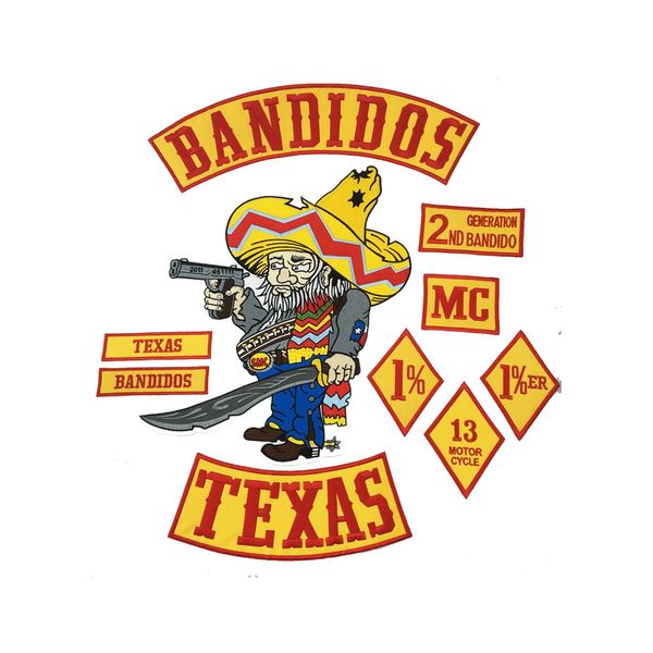 Vente chaude 10pcs / ensemble Bandidos Texas MC Patch MC brodé en fer à dos de veste de veste entièrement entièrement