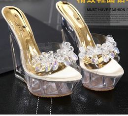 Gran oferta, zapatos de cristal hechos a mano de lujo de 14cm, sandalias transparentes de tacón de cuña con cuentas, zapatos de boda nupciales de diseñador para mujer, vienen con caja