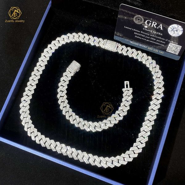 Offre spéciale 14mm largeur 2 rangées de glace sur Moissanite 925s bijoux Moissanite classique lien cubain collier Bracelet pour hommes Hip Hop