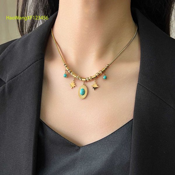 Gran oferta, collar con incrustaciones de turquesa chapado en oro de 18 quilates, collares con dijes de turquesa de acero inoxidable y titanio que no se decoloran para mujer