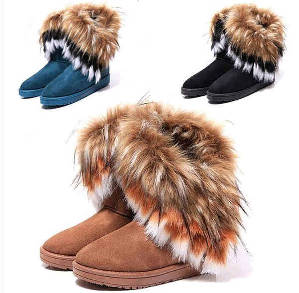 Venta caliente-Envío gratis 2015 botas de nieve de otoño e invierno Plumas de piel de zorro de fondo plano zapatos cortos acolchados de algodón botas de invierno