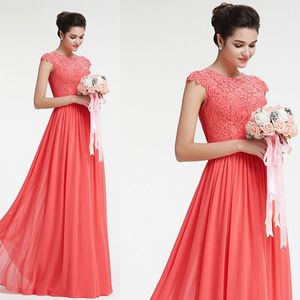 Vente chaude Robes de demoiselle d'honneur corail plage jardin longue robe de demoiselle d'honneur pour mariage bijou cou mancherons dentelle mousseline de soie vêtements de cérémonie