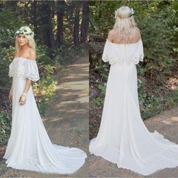 Hot Sale 2019 Bohemian Trouwjurken Goedkope Off The Shoulder Hals A-lijn Court Train White Chiffon Boho Bruidsjurken Custom Made EN6121