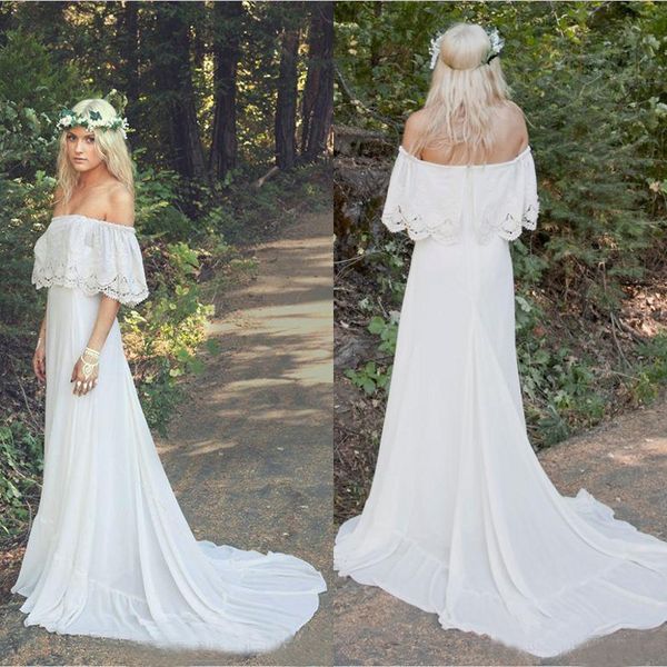 Venta caliente 2019 Vestidos de novia bohemios Barato fuera del hombro Escote Una línea Corte Tren Blanco Gasa Boho Vestidos de novia por encargo EN6121