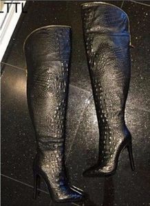 Hot Sale-2017 Winter Dames Alligator Sexy Over de Knie Hoge Laarzen Krokodil Dij Hoge Buiten Vrouwelijke Mode Hoge Hak Schoenen Vrouw Boot