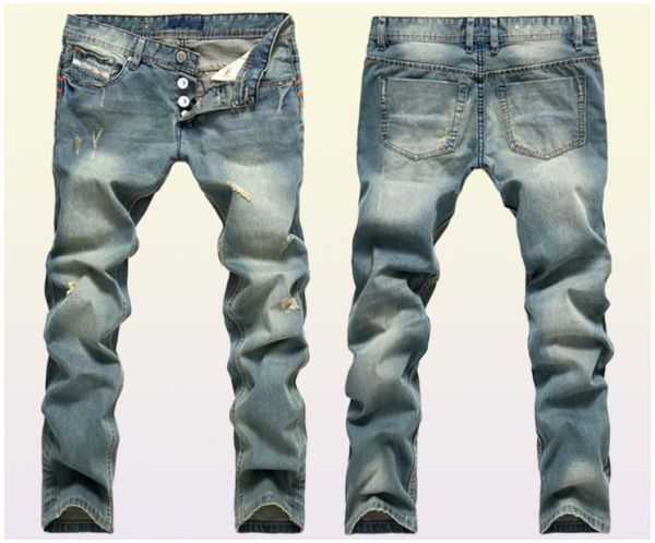 Gran venta ! 2018 Agujero de hombre en jeans azul claro venta nostálgica de velocidad a través de pantalones de comercio exterior modelo de detonación de vaquero recto 1596702