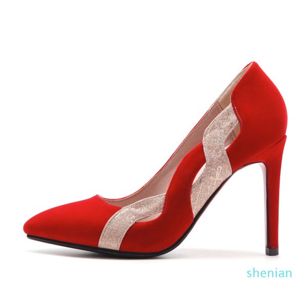 Gran oferta-2018, recién llegado, zapatos de vestir de noche formales de tacón superalto de gamuza recortada en rojo y negro para mujeres, zapatos de tacón de aguja para mujer