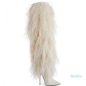 Vente chaude-2018 nouvelles bottes de mode bouts pointus fourrure blanche talons hauts hiver femmes cuissardes femmes chaussures botas chaussures de soirée