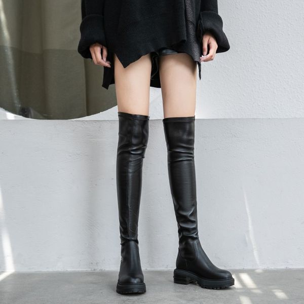 Vente chaude-2019 bottes extensibles à la mode pour femmes à talons bas sur les bottes au genou Slim en cuir de vache bureau dames robe chaussures femmes hiver long