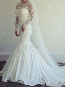 Gran oferta 2019 vestidos de novia de encaje de sirena de manga larga vestidos de novia de cuello redondo baratos bata de mariee de talla grande