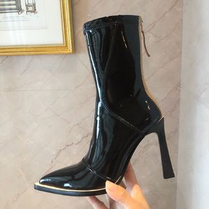 Vente chaude- 2019 top qualité créateur de mode femmes bottes en cuir verni pointu talon haut femmes cheville en cuir élastique automne hiver botte