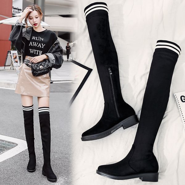 Vente chaude-2019 femmes sur les bottes au genou femme longue chaussette troupeau bottes brillantes dames de luxe bout rond hiver chaud chaussures en daim taille 35-39