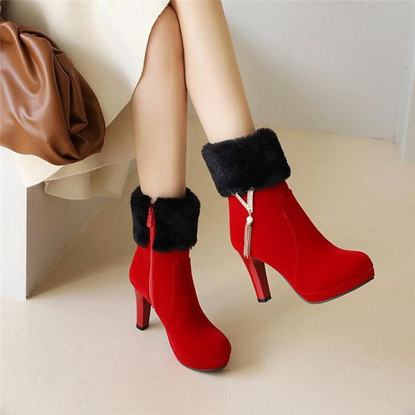 Offre spéciale-2020 mode élégant Spike talons hauts fête dames chaussures plate-forme rouge noir cristal chaîne talon bottines femme hiver