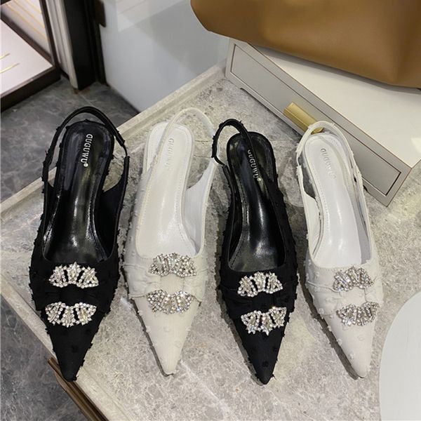 Gran oferta-2020 verano moda mujer blanco negro tacones bajos sandalias punta cerrada cristal Slingback sandalias diseñador de lujo zapatos de fiesta