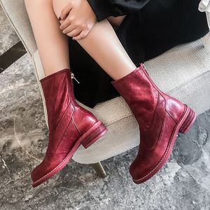 Hot Koop 2020 Topkwaliteit Lederen Laarzen Dames Zip Ronde Teen Herfst Motorfiets Western Boots Vintage Punk Enkellaarzen