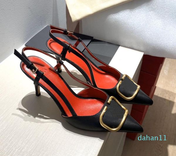Venda quente-2021 novas sandálias stiletto dedo apontado feminino oco metal baotou couro sapatos de salto alto, 6cm 8cm