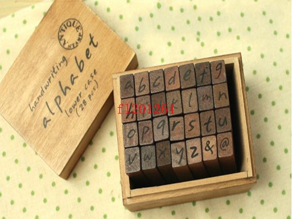 Livraison gratuite offre spéciale 28 pièces/ensemble de timbres en bois ensemble AlPhaBet et lettres sceau majuscule minuscule timbre en bois, 50 ensembles/lot