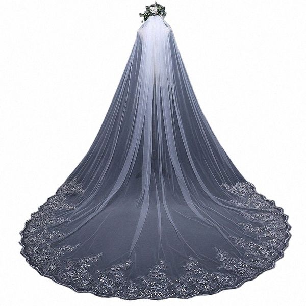 Vente chaude 3 * 3 mètres cathédrale voiles de mariage blanc ivoire noir une couche dentelle appliquée mariée voiles Velo De Novia L1ta #