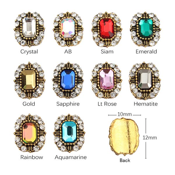Vente chaude 50 Pcs/Lot Rectangle Métal Nail art Cristal Strass 10X12mm Nail art décorations bijoux accessoires