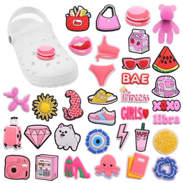 Vente chaude 50 pcs PVC Chaussures Charmes Rose Chapeau Sac Caméra Notebook Accessoires BRICOLAGE Chaussure Décoration Pour Jibz Enfants X-mas Cadeau