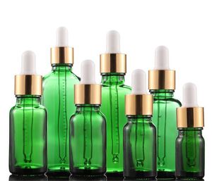 Venta caliente 5 ml 10ml 15ml 20ml 30ml 50ml 100 ml de aceite verde e botellas de vidrio líquido con goteros para esencia cosmética