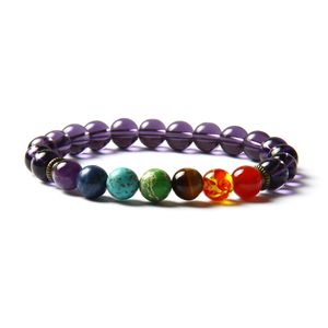 Venta 7 Chakra Healing Stone Yoga Meditación Pulsera 8mm Cuentas de vidrio púrpura con sedimento natural, piedra de ojo de tigre y estiramiento de cristal