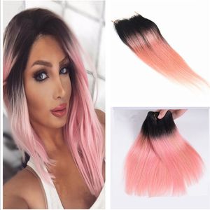 Hot Koop 8A Braziliaans Haar 2 Tone 1B # Roze Ombre Steil Haar Bundels Met Vetersluiting Ombre Vetersluiting Met Hair Extensions