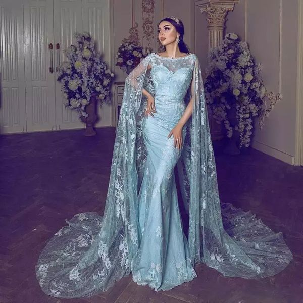 Vente chaude arabe dentelle sirène robes de soirée avec Cape pure Bateau cou robe formelle longueur de plancher sur mesure robes de bal