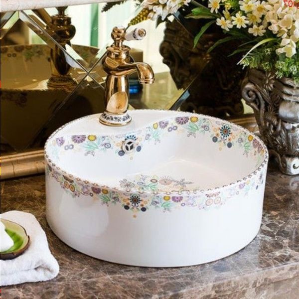 Venta caliente arte tallado a mano wasit tambor forma cerámica porcelana lavabo baño fregadero alta calidad Odfbl
