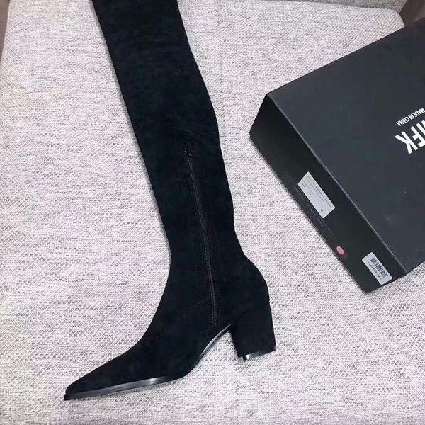 Vente chaude-automne et hiver bottes smfk bottes élastiques pour femmes talon épais tube de 5,5 cm collé avec un coussinet en peau de mouton Pentagram