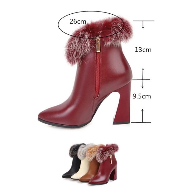 Gran oferta: botines de otoño e invierno, zapatos cálidos de piel de conejo, tacones altos, tacón de pezuña, tacón grueso, punta estrecha, botas de marca con cremallera A111