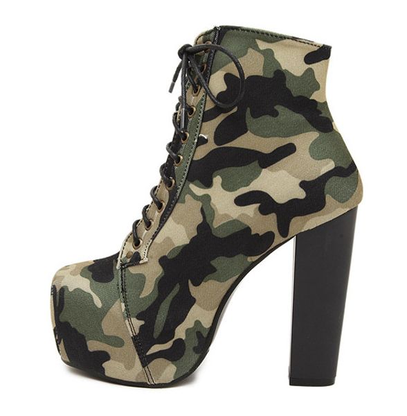 Vente chaude-automne hiver femmes bottines talons super hauts à lacets en cuir 4.5cm plate-forme camouflage botte courte femmes chaussures article n ° XZ-010