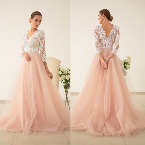 Vente chaude Dos Nu Pays Demoiselles D'honneur Robes Col En V Manches Longues Robe D'invité De Mariage Pas Cher Balayage Train Tulle Plus La Taille Demoiselle D'honneur Robes