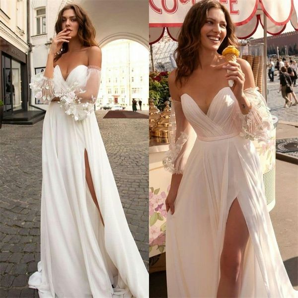 Vente chaude Plage Robes De Mariée Hors Épaule En Mousseline De Soie Dentelle Apliques Une Ligne Robes De Mariée Sur Mesure Sexy Split Boho Robes De Mari￩e