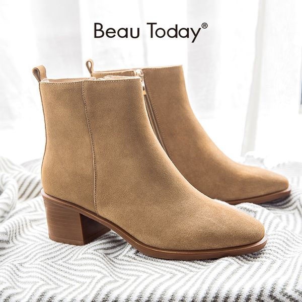 Vente Flash BeauToday – bottines en cuir suédé de vache pour femme, chaussures à la mode, bout carré, fermeture éclair latérale, automne hiver, chaussures à talons hauts, faites à la main