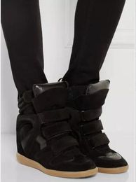 Venta caliente-Cuero genuino negro Isabel Bekett Zapatillas de deporte con cuña de ante recortadas en cuero Mujer Marant Desfile de moda París Nuevos zapatos