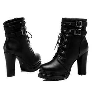 Chaud Sale-Cuir Noir Bottes de moto pour femme haute plate-forme Haute plate-forme Bottines à talons épais Bottines élégantes Chaussures Cool Christma