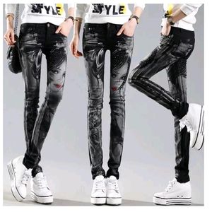 Zwarte lange jeans vrouw casual potlood broek meisje gewassen strass Rhinestones Hot boren printen mager 6115
