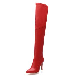 Vente chaude-noir rouge talon haut sur les bottes au genou femmes cuissardes dames chaussures d'hiver femme