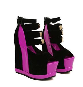 Hot koop-zwart met dieproze kleurrijke hoge hakken Comfortabele jurk schoenen Peep Toe Wiggen