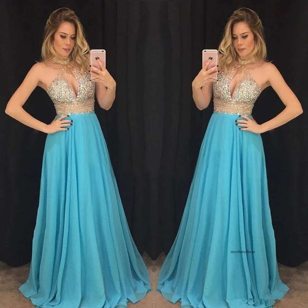 Vente chaude Bling 2019 Robes de bal Crystal perle du cou licou de couches formelles de soirée sexy illusion une ligne en mousseline de soie robe de fête M44 0510