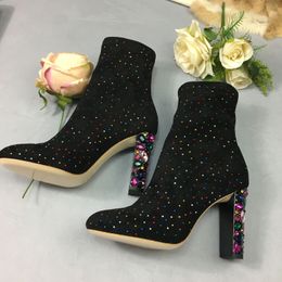 Gran oferta: botines con tachuelas de cristal coloridos ostentosos para mujer, botas de tacón alto con diamantes de imitación, zapatos de calcetín para primavera e invierno