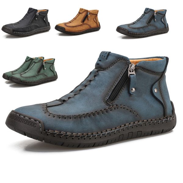 Vente Flash Bottes Martin en cuir véritable bleu pour hommes, mocassins décontractés de marche en plein air, couleur unie, Style couture Vintage, chaussures cousues à la main 38-48