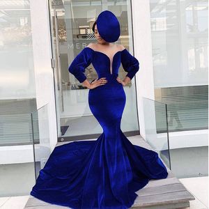 Hot Koop Blue Mermaid Lange mouwen Avondjurken Sheer Pluming Neck Prom Gowns Sweep Train Velvet Plus Size Formele Jurk