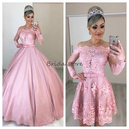 Vente chaude Blush Pink robes de bal gonflées avec jupes détachables illusion dentelle manches longues robes de soirée formelles robes de quinceanera élégantes